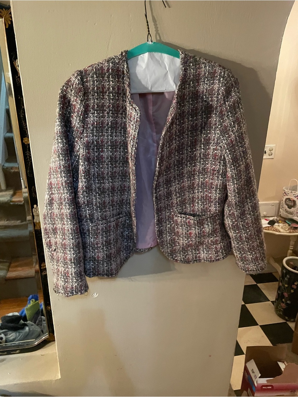 Dress Barn petite Women's Tweed Open-Front Jacket in grey and pink tones